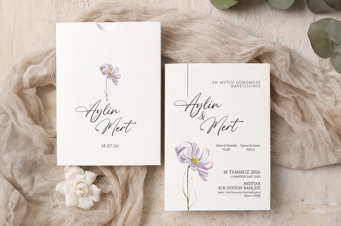 Lavanta Çiçeği Desenli Üstten Geçmeli Davetiye