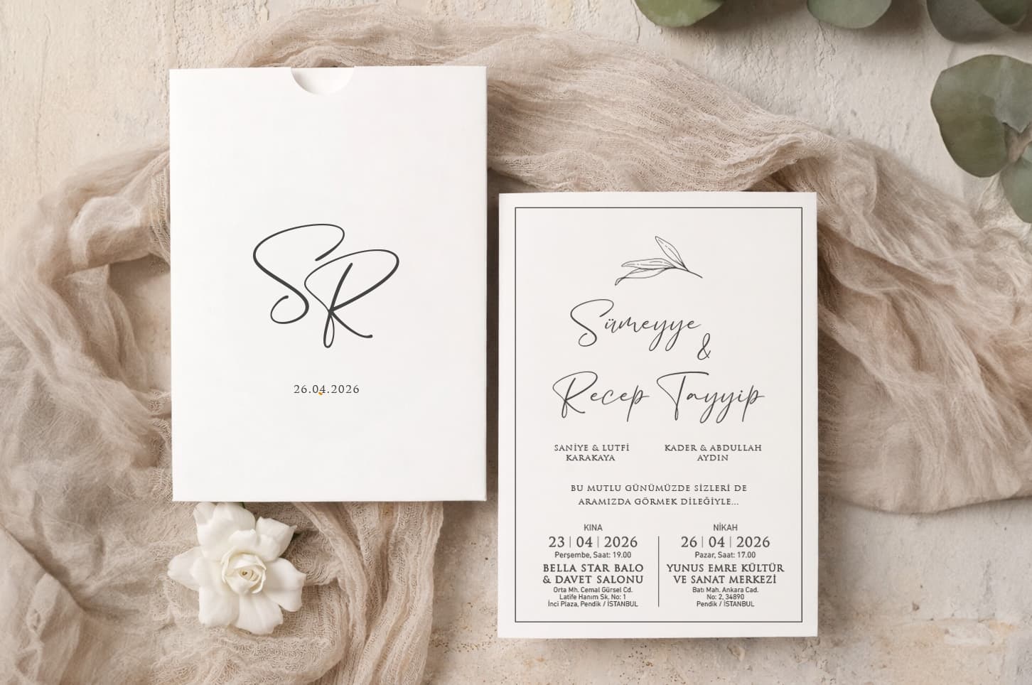 Minimal Yaprak Motifli Üstten Geçmeli Davetiye