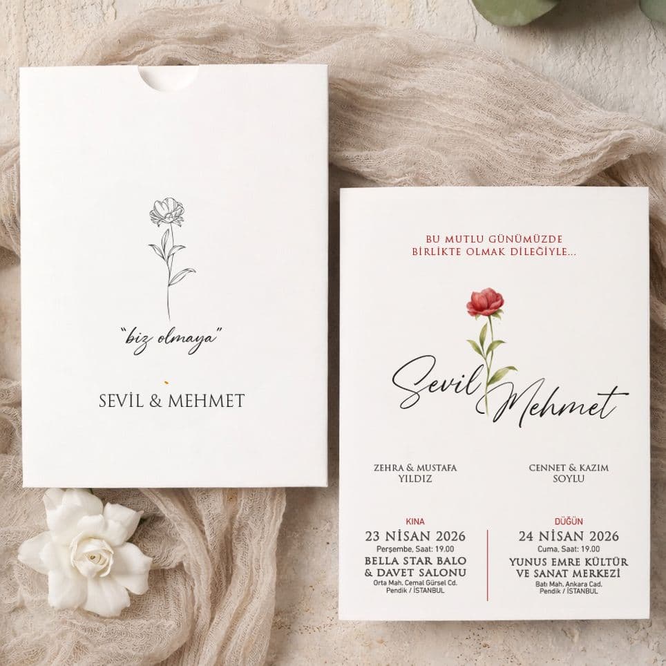 Zarif Gül Çiçekli Üstten Geçmeli Davetiye