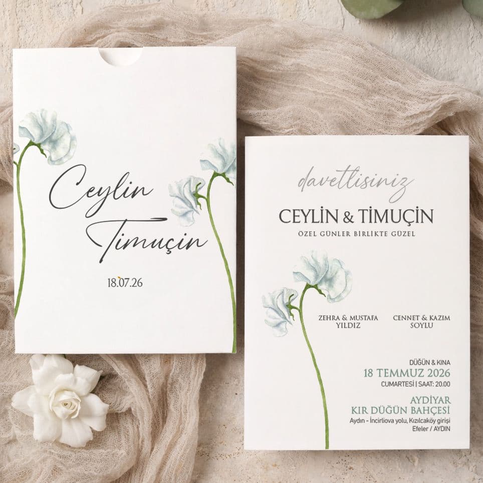 Mavi Çiçekli Üstten Geçmeli Davetiye